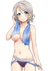 Rule 34 | 1girl, areola slip, blue eyes, blue one-piece swimsuit, blue towel, blush, breasts, brown hair, clothes pull, collarbone, commentary, competition swimsuit, covered erect nipples, cowboy shot, gluteal fold, looking at viewer, love live!, love live! sunshine!!, medium breasts, miel (lessontome), navel, one-piece swimsuit, one-piece swimsuit pull, pulled by self, short hair, simple background, smile, solo, standing, swimsuit, topless, towel, towel around neck, undressing, watanabe you, wet, white background