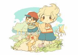 Rule 34 | 2boys, :d, :o, arm up, arrow (symbol), backpack, bag, baseball cap, black hair, blonde hair, blue shirt, blue shorts, blue sky, blush, blush stickers, bug, butterfly, cloud, commentary request, day, exit mouse (mother), flower, forest, frog, grass, hat, hitofutarai, holding, holding map, insect, leg up, looking at viewer, lucas (mother 3), male focus, map, mother (game), mother 2, mother 3, mouse, multicolored clothes, multiple boys, mushroom, nature, ness (mother 2), nintendo, open mouth, outdoors, parted lips, path, plant, quiff, red headwear, red shirt, road, shirt, short hair, short sleeves, shorts, sideways hat, simple background, sky, smile, socks, solid oval eyes, sparkle, standing, standing on one leg, striped clothes, striped shirt, t-shirt, tree, tree stump, two-tone shirt, ufo, white background, white socks, yellow shirt