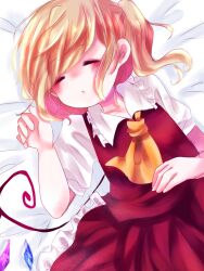 Rule 34 | 1girl, ascot, closed eyes, collarbone, collared shirt, cowboy shot, crystal, flandre scarlet, frilled shirt collar, frilled skirt, frills, kuromame1025, lying, medium hair, multicolored wings, no headwear, on back, one side up, puffy short sleeves, puffy sleeves, red skirt, red vest, shirt, short sleeves, simple background, skirt, skirt set, sleeping, solo, touhou, vest, white background, white shirt, wings, yellow ascot