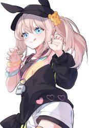 1girl animal_ear_headwear animal_ears black_hat black_shirt black_survival blonde_hair blue_eyes cabbie_hat claw_pose closed_mouth commentary_request eternal_return:_black_survival fake_animal_ears hair_between_eyes hat highres kkonaeng long_hair long_sleeves multicolored_shirt shirt shorts side_ponytail simple_background single_sleeve smile solo teddy_bear_hair_ornament tongue tongue_out whistle whistle_around_neck white_background white_shorts