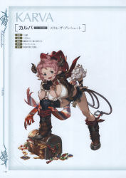 Rule 34 | &gt;:), 1girl, absurdres, blue eyes, blush, boots, breasts, character name, cleavage, cowboy hat, draph, fingerless gloves, frills, front-tie top, full body, gem, gloves, gold, granblue fantasy, hand on own hip, hand on own chin, hat, highres, horns, jewelry, karva (granblue fantasy), knee boots, large breasts, leaning forward, looking at viewer, midriff, minaba hideo, necklace, official art, open mouth, pink hair, pointy ears, scan, short hair, shorts, simple background, single thighhigh, smile, solo, striped, thighhighs, treasure, treasure chest, v-shaped eyebrows, vertical stripes, weapon, whip