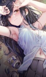 Rule 34 | 1girl, armpits, beer can, black hair, can, copyright request, drink can, eva mashiro, highres, lying, navel, open clothes, open shirt, skirt, solo, yellow eyes