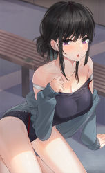 Rule 34 | 1girl, :o, arm support, bare legs, bare shoulders, bench, black hair, black jacket, black one-piece swimsuit, breasts, cleavage, collarbone, commentary request, competition swimsuit, hand up, highres, jacket, kfr, large breasts, long hair, long sleeves, looking at viewer, off shoulder, on floor, one-piece swimsuit, open clothes, open jacket, open mouth, original, purple eyes, sidelocks, solo, sweat, swimsuit, thighs