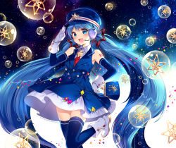 Rule 34 | 1girl, :d, alternate eye color, alternate hair color, bag, bare shoulders, black thighhighs, blue eyes, blue hair, boots, dress, elbow gloves, gloves, hand on own hip, hat, hatsune miku, headset, highres, long hair, looking at viewer, matching hair/eyes, microphone, nardack, necktie, open mouth, salute, sky, smile, solo, sparkle, star (sky), starry sky, thighhighs, twinkle, twintails, very long hair, vocaloid, white gloves, yuki miku, yuki miku (2017) (applicant)