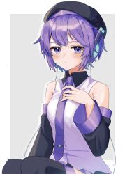 Rule 34 | 1girl, :&lt;, beret, closed mouth, collared shirt, commentary, detached sleeves, eubdqslpvxl6j1v, hand on own chest, hand up, hat, headphones, highres, looking at viewer, nail polish, necktie, pleated skirt, purple eyes, purple hair, purple nails, shirt, short hair, sitting, skirt, solo, thighhighs, tie clip, utane uta, utau, white shirt, wide sleeves