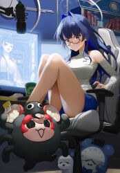 Rule 34 | 2girls, absurdres, bare shoulders, blue eyes, blue hair, blue shorts, boros (ouro kronii), breasts, chair, chibi, clenched teeth, clothing cutout, gaming chair, glasses, gum shrew, hair intakes, hakos baelz, halo, highres, hololive, hololive english, indoors, knees up, large breasts, livestream, long hair, long sleeves, mechanical halo, microphone, mini person, minigirl, monitor, multiple girls, official alternate costume, ouro kronii, scared, shirt, short shorts, shorts, shoulder cutout, single bare leg, sitting, spider baelz, spider costume, swivel chair, taut clothes, taut shirt, teeth, turtleneck, virtual youtuber