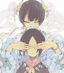 Rule 34 | 2boys, bead bracelet, beads, black hair, black kimono, bow, bracelet, closed mouth, commentary request, covered mouth, covering another&#039;s eyes, demon horns, earrings, eyelashes, eyeshadow, facial mark, flower, flower knot, forehead mark, frilled sleeves, frills, green kimono, hair beads, hair bow, hair flower, hair ornament, hakutaku (hoozuki no reitetsu), hoozuki (hoozuki no reitetsu), hoozuki no reitetsu, horns, ihonhon, japanese clothes, jewelry, kimono, lipstick, long sleeves, looking at another, magatama, magatama necklace, makeup, male focus, multiple boys, nail polish, necklace, parted lips, pink lips, pink nails, red bracelet, red eyeshadow, ribbon, ribbon earrings, short hair, simple background, single earring, upper body, white background, white bow, white horns, white veil, wide sleeves, yellow eyes, yellow flower, yellow nails, yellow ribbon