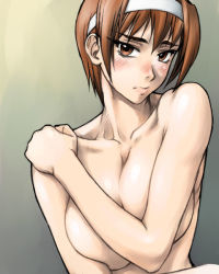 Rule 34 | 1girl, bang-you, blush, breast hold, breasts squeezed together, breasts, brown eyes, brown hair, cleavage, collarbone, collared shirt, hairband, huge breasts, kashiwagi azusa, kizuato, large breasts, shirt, short hair, solo, topless