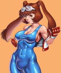 Rule 34 | 1girl, bodysuit, breasts, brown eyes, brown hair, cleavage, clenched hands, covered navel, fighting stance, fingerless gloves, gloves, goggles, goggles on head, highres, jacket, large breasts, legs, looking at viewer, makihara arina, open clothes, open jacket, rabbit ears, rabbit girl, short hair, smile, solo, spandex, thighs, toned, waku waku 7