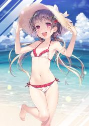 Rule 34 | bikini, blue sky, brown hair, cloud, day, feet out of frame, flat chest, floral print, frilled bikini, frills, hat, horizon, long hair, looking at viewer, low twintails, navel, nekokan masshigura, ocean, open mouth, original, outdoors, red eyes, side-tie bikini bottom, sky, smile, solo, standing, standing on one leg, straw hat, sun hat, swimsuit, twintails, white bikini