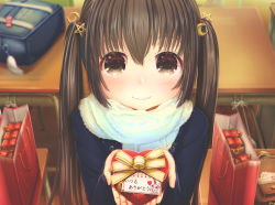 Rule 34 | 1girl, aiuabo, bag, bag charm, black eyes, black hair, blue jacket, blurry, blurry background, blush, box, chair, charm (object), classroom, commentary request, crescent, crescent hair ornament, desk, fur scarf, gift, gift box, hair ornament, heart-shaped box, incoming gift, jacket, long hair, long sleeves, looking at viewer, original, scarf, school bag, school chair, school desk, shopping bag, solo, star (symbol), star hair ornament, twintails, upper body, valentine, white scarf