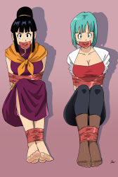 Rule 34 | 2girls, arms behind back, bdsm, black eyes, black hair, blue eyes, blue hair, bondage, bound, bound ankles, bound arms, breasts, bulma, chi-chi (dragon ball), cleavage, dragon ball, dragonball z, earrings, feet, gag, gagged, highres, imminent rape, improvised gag, jewelry, looking at viewer, lost one zero, multiple girls, pantyhose, tape, tape bondage, tape gag, you gonna get raped