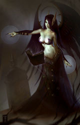 Rule 34 | 1girl, bare shoulders, book, breasts, cleavage, demon girl, fingernails, floating, floating book, floating object, highres, large breasts, league of legends, long fingernails, long hair, long skirt, midriff, morgana (league of legends), navel, pointy ears, purple hair, red eyes, skirt, smile, solo, tombstone, tyler james, watermark, wings