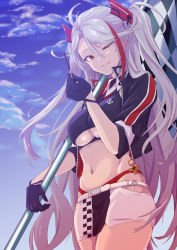 Rule 34 | 1girl, azur lane, belt, black gloves, blue sky, breasts, checkered flag, clothing cutout, cropped shirt, flag, food, gloves, half gloves, headband, highres, himeno tatsuta, holding, holding flag, holding food, holding pocky, jacket, large breasts, long hair, looking at viewer, microskirt, multicolored hair, navel, official alternate costume, one eye closed, open clothes, open jacket, orange eyes, panties, panty straps, pocky, prinz eugen (azur lane), prinz eugen (final lap) (azur lane), purple jacket, race queen, red hair, red panties, silver hair, skirt, sky, smile, solo, standing, streaked hair, two-tone hair, two-tone skirt, underboob, underboob cutout, underwear, very long hair, white belt, white skirt, zipper