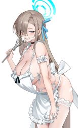 Rule 34 | 1girl, absurdres, apron, asuna (blue archive), black choker, blue archive, blue eyes, blue halo, blue ribbon, blush, bottomless, bra, breasts, choker, cleavage, commentary, cream, frilled apron, frills, garter belt, halo, hidikan, highres, holding, holding whisk, large breasts, leaning forward, light brown hair, long hair, looking at viewer, mole, mole on breast, navel, ribbon, simple background, smile, solo, symbol-only commentary, thighhighs, underwear, upper body, wet, whisk, white apron, white background, white bra, white garter belt, white thighhighs
