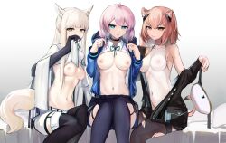 Rule 34 | 3girls, absurdres, animal ears, arknights, black choker, black gloves, black jacket, black pants, black pantyhose, black thighhighs, blue eyes, blue jacket, blue poison (arknights), bodysuit, breasts, bright pupils, brown eyes, choker, covered navel, elbow gloves, feet out of frame, garter straps, gloves, gravel (arknights), groin, hand up, highres, horse ears, horse girl, horse tail, jacket, long hair, long sleeves, medium breasts, mizuhashi parusui, mouse ears, mouse girl, mouse tail, multiple girls, navel, nipples, no bra, off shoulder, open clothes, open jacket, pants, pantyhose, pink hair, platinum (arknights), rectangular pupils, scales, see-through, see-through bodysuit, short hair, simple background, sitting, tail, thighhighs, white background, white bodysuit, white jacket, white pupils, yellow eyes