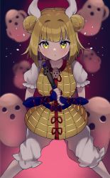 Rule 34 | 1girl, :&lt;, armor, armored dress, blonde hair, blunt bangs, blurry, blurry background, breasts, closed mouth, commentary request, depth of field, double bun, dress, feet out of frame, gradient background, hair bun, hair intakes, haniwa (statue), highres, holding, holding stick, joutouguu mayumi, legs apart, light blush, looking at viewer, machimo, medium breasts, puffy short sleeves, puffy sleeves, purple background, short hair, short sleeves, simple background, solo, standing, stick, touhou, v-shaped eyebrows, vambraces, yellow dress, yellow eyes