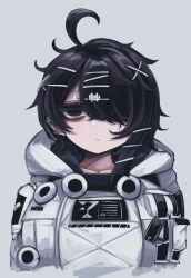 Rule 34 | 1girl, absurdres, ahoge, asamegasame, asymmetrical hair, asymmetrical sidelocks, bags under eyes, black hair, bob cut, closed mouth, coat, cropped torso, empty eyes, expressionless, hair ornament, hair over one eye, hairclip, highres, hood, hood down, hooded coat, looking at viewer, messy hair, original, portrait, solo, too many hairclips, white background, white coat