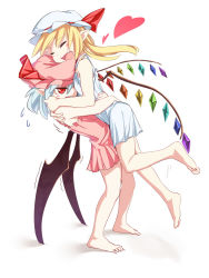 Rule 34 | 2girls, :d, asutora, barefoot, bat wings, blonde hair, blue hair, chemise, closed eyes, dress, fang, flandre scarlet, glomp, hat, hat ribbon, heart, height difference, hug, mob cap, multiple girls, open mouth, pointy ears, red eyes, red ribbon, remilia scarlet, ribbon, siblings, side ponytail, simple background, sisters, smile, strap gap, touhou, trembling, white background, wings