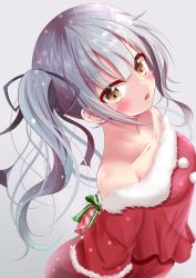 Rule 34 | 1girl, absurdres, arms behind back, bare shoulders, black ribbon, blush, box, brown eyes, collarbone, dress, fur-trimmed dress, fur-trimmed sleeves, fur trim, gift, gift box, grey hair, hair ribbon, highres, holding, holding gift, kantai collection, kasumi (kancolle), lcel, long hair, looking at viewer, off-shoulder dress, off shoulder, open mouth, red dress, ribbon, santa costume, side ponytail, simple background, standing