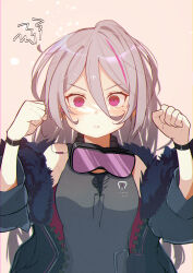 Rule 34 | 1girl, absurdres, arms up, black jacket, black shirt, bracelet, clenched hands, commentary request, earphones, frown, fur-trimmed jacket, fur trim, girls&#039; frontline, goggles, goggles around neck, grey hair, hair between eyes, highres, jacket, jewelry, long hair, multicolored hair, pink background, pink eyes, pink hair, ryunosuke nikaido, shirt, sleeveless, sleeveless shirt, solo, streaked hair, t-cms (girls&#039; frontline), upper body