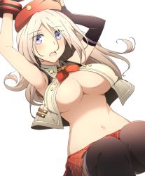 Rule 34 | 10s, 1girl, :o, alisa ilinichina amiella, armpits, bare shoulders, black gloves, blonde hair, blue eyes, blush, breasts, cleavage, elbow gloves, fingerless gloves, gloves, god eater, god eater 2: rage burst, hat, long hair, looking at viewer, midriff, navel, open clothes, pantyhose, pleated skirt, skirt, solo, thighhighs, van-s