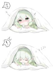Rule 34 | !, absurdres, aqua background, blanket, blush, closed eyes, cross-shaped pupils, genshin impact, green hair, hair between eyes, highres, lying, nahida (genshin impact), pillow, pointy ears, simple background, sleeping, spoken exclamation mark, symbol-shaped pupils, translation request, under covers, white background, wocalei2, zzz