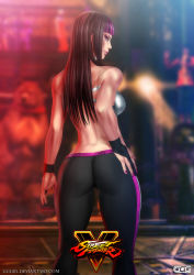 Rule 34 | 1girl, absurdres, alternate costume, alternate hairstyle, ass, black hair, capcom, from behind, ggg (gonzalogallianoniz), han juri, highres, logo, long hair, looking at viewer, looking back, multicolored hair, pants, purple eyes, smile, solo, street fighter, street fighter v, thigh gap, tight clothes, tight pants, two-tone hair
