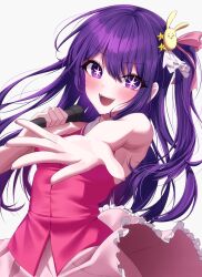 Rule 34 | 1girl, blush, commentary request, dress, fangs, frilled dress, frills, gloves, hair between eyes, hair ornament, highres, holding, holding microphone, hoshino ai (oshi no ko), idol, idol clothes, long hair, looking at viewer, microphone, one side up, open mouth, oshi no ko, pink dress, pink gloves, pink ribbon, purple eyes, purple hair, rabbit hair ornament, ribbon, sidelocks, sleeveless, sleeveless dress, smile, solo, soymilk arts2, star-shaped pupils, star (symbol), star hair ornament, star in eye, sweat, swept bangs, symbol-shaped pupils, symbol in eye, turtleneck, turtleneck dress