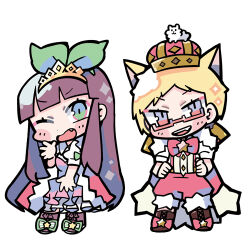 Rule 34 | 2girls, animal ears, blonde hair, blunt bangs, blush stickers, boots, bow, bowtie, brooch, brown footwear, brown hair, brown ribbon, buttons, cape, cat ears, collared cape, collared shirt, commentary request, cross-laced footwear, crown, deformed, diamond button, dog, double-parted bangs, dress, fang, footwear bow, footwear ribbon, frilled dress, frills, fur-trimmed cape, fur-trimmed pants, fur trim, glasses, green bow, green eyes, grey eyes, hair bow, hand on lap, hand up, hands on own hips, high collar, indie utaite, jewelry, long dress, long hair, lowres, mega (utaite), multiple girls, nanahira, one eye closed, open mouth, pants, pink dress, pleated skirt, puffy pants, puffy short sleeves, puffy sleeves, red-framed eyewear, red bow, red bowtie, red cape, red eyes, red headwear, red pants, ribbon, shirt, short hair, short sleeves, sidelocks, simple background, skirt, sleeve bow, smile, sparkle, star brooch, straight hair, striped bow, suspenders, teeth, terada tera, tiara, traditional bowtie, two-tone eyes, upper teeth only, utaite, v-shaped eyebrows, very long hair, waving, white background, white shirt, white sleeves, yellow headwear