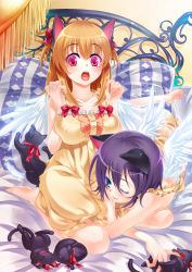 Rule 34 | 2girls, :o, ;), angel wings, animal ears, barefoot, bed, blue eyes, breasts, cat, cat ears, feathers, feet, glowing, hair ribbon, highres, hisasi, long hair, lying, multiple girls, nail polish, nightgown, one eye closed, open mouth, orange hair, original, pink eyes, pink nails, purple hair, ribbon, short hair, short twintails, sitting, smile, twintails, wings, wink