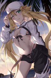 Rule 34 | 1girl, absurdres, artoria caster (fate), artoria caster (swimsuit) (fate), artoria caster (swimsuit) (first ascension) (fate), artoria pendragon (fate), asymmetrical clothes, baseball cap, beach, bikini, black pants, blonde hair, blue sky, blush, breasts, cropped jacket, fate/grand order, fate (series), gradient sky, green eyes, hat, highres, jacket, long hair, long sleeves, looking at viewer, navel, one eye closed, orange sky, palm tree, pants, shrug (clothing), single pantsleg, sky, small breasts, smile, solo, sunset, swimsuit, thighs, tongue, tongue out, toukan, tree, twilight, twintails, white bikini, white hat, white jacket