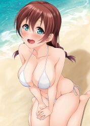 Rule 34 | 1girl, :d, aqua eyes, beach, bikini, blush, braid, breasts, breasts day, brown hair, cleavage, collarbone, commentary, emma verde, good breasts day, hands on own thighs, highres, hino minato (spec.c), large breasts, long hair, looking at viewer, love live!, love live! nijigasaki high school idol club, low twin braids, open mouth, outdoors, shore, side-tie bikini bottom, sitting, smile, solo, string bikini, swimsuit, teeth, textless version, twin braids, upper teeth only, white bikini