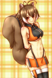 Rule 34 | 1girl, :3, abs, animal ears, antenna hair, arc system works, bad id, bad pixiv id, bare shoulders, blazblue, blazblue: continuum shift, boots, breasts, brown eyes, brown hair, elbow gloves, fingerless gloves, gloves, halterneck, halterneck, izayan, makoto nanaya, miniskirt, navel, orange skirt, plaid, plaid background, revealing clothes, short hair, skirt, solo, squirrel ears, squirrel tail, strapless, tail, thighhighs, tube top, underboob