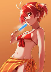 Rule 34 | 1girl, absurdres, antenna hair, bikini, breasts, commentary request, cowboy shot, food, front-tie bikini top, front-tie top, groin, hasegawa (hase popopo), highres, isshiki akane, navel, popsicle, red bikini, red hair, sarong, scrunchie, short hair, small breasts, solo, swimsuit, tongue, tongue out, twintails, vividred operation