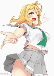 Rule 34 | 10s, 1girl, ;d, blonde hair, braid, breasts, clothes lift, crown braid, grey background, hair rings, heart, large breasts, love live!, love live! sunshine!!, midriff peek, nail polish, natsu (natume0504), neckerchief, ohara mari, one eye closed, open mouth, outstretched hand, pink nails, pleated skirt, school uniform, serafuku, simple background, skirt, skirt lift, smile, solo, tie clip, twitter username, wind, wind lift, yellow eyes