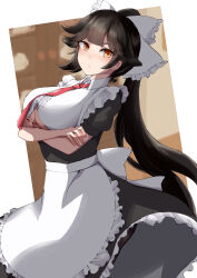 Rule 34 | 1girl, absurdres, alternate costume, apron, azur lane, black hair, bow, breasts, closed mouth, clothing cutout, crossed arms, enmaided, frilled bow, frills, hair bow, high ponytail, highres, large breasts, light blush, long hair, looking at viewer, maid, necktie, rakuza (ziware30), red necktie, short sleeves, solo, takao (azur lane), underboob, underboob cutout, white apron, white bow, yellow eyes