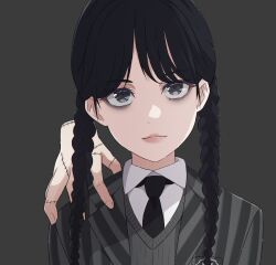 Rule 34 | 1girl, absurdres, addams family, black eyes, black necktie, braid, brown background, camui1104, closed mouth, collared shirt, hand on another&#039;s shoulder, highres, jacket, looking at viewer, necktie, open clothes, open jacket, scar, shirt, simple background, smile, striped clothes, striped jacket, thing (addams family), twin braids, twintails, upper body, wednesday (netflix), wednesday addams, white shirt