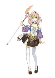 Rule 34 | 10s, 1girl, atelier (series), atelier escha &amp; logy, choker, escha malier, female focus, full body, green eyes, hat, hidari (left side), lace, lace-trimmed legwear, lace trim, official art, pink hair, print thighhighs, shoes, short hair, skirt, smile, solo, thighhighs, twintails, wand, white background, white thighhighs