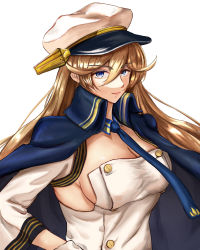Rule 34 | 1girl, absurdres, azur lane, blonde hair, blue coat, blue eyes, blue necktie, breasts, buttons, cleavage, coat, detached sleeves, double-breasted, dress, gloves, hair between eyes, hat, high collar, highres, large breasts, long coat, looking at viewer, microdress, military, military hat, military uniform, naval uniform, necktie, peaked cap, simple background, solo, strapless, strapless dress, tennessee (azur lane), uniform, white background, white dress, white gloves, white hat, yuce