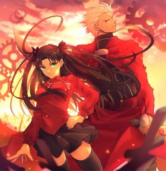 Rule 34 | 1boy, 1girl, absurdres, archer (fate), back-to-back, black bow, black skirt, black thighhighs, bow, brown eyes, brown hair, dutch angle, fate/stay night, fate (series), floating hair, green eyes, hair bow, hair intakes, hand on own hip, heart, highres, holding, holding sword, holding weapon, huge filesize, jewelry, long hair, long sleeves, looking at viewer, looking back, miniskirt, morita yuu, necklace, parted lips, pleated skirt, red shirt, shirt, silver hair, skirt, smile, standing, sword, thighhighs, tohsaka rin, unlimited blade works (fate), very long hair, weapon, zettai ryouiki