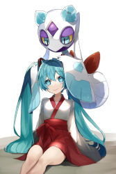 Rule 34 | 1girl, absurdres, closed mouth, commentary, creatures (company), crossover, eyelashes, froslass, game freak, gen 4 pokemon, green eyes, green hair, hair between eyes, hair ornament, hatsune miku, highres, knees, long hair, long sleeves, looking up, nintendo, pleated skirt, pokemon, pokemon (creature), red skirt, reirou (chokoonnpu), sitting, skirt, smile, symbol-only commentary, twintails, vocaloid