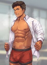 Rule 34 | 1boy, abs, bara, bare pectorals, boxer briefs, brown hair, bulge, cowboy shot, dress shirt, dripping, f-una, grin, indoors, large pectorals, long sleeves, looking at viewer, male focus, male underwear, muscular, muscular male, navel, navel hair, nipples, no pants, open clothes, open shirt, original, pectorals, red male underwear, shirt, short hair, sideburns, smile, solo, standing, steaming body, sweat, underwear, wet, wet clothes, wet shirt, white shirt