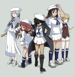 Rule 34 | 10s, 5girls, :|, beer bottle, black eyes, black footwear, black hair, blonde hair, blouse, blue eyes, blue legwear, blue neckwear, blunt bangs, blush stickers, bow, bowtie, brown eyes, brown vest, clenched hand, closed mouth, curly hair, cutlass (girls und panzer), dark-skinned female, dark skin, dixie cup hat, dress shirt, flint (girls und panzer), fork, from behind, from side, frown, girls und panzer, grey background, grey eyes, grey hair, grimace, hair over one eye, half-closed eyes, hand in pocket, hand on headwear, handkerchief, hat, hat feather, highres, holding, holding microphone, leaning forward, loafers, long hair, long skirt, long sleeves, looking at viewer, looking back, loose socks, maid headdress, microphone, military hat, miniskirt, multiple girls, murakami (girls und panzer), neckerchief, no legwear, ogin (girls und panzer), ooarai naval school uniform, pleated skirt, print legwear, red hair, rum (girls und panzer), sailor, sailor collar, school uniform, shadow, shirt, shoes, short hair, side slit, simple background, skirt, sleeves rolled up, smile, smoking pipe, socks, standing, tirarizun, vest, white footwear, white hat, white shirt, white skirt, wing collar