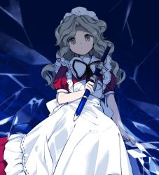 Rule 34 | 1girl, apron, black neckwear, black ribbon, blonde hair, blue background, collared shirt, dagger, dress, expressionless, frilled dress, frills, grey eyes, highres, holding, holding dagger, holding knife, holding weapon, kaigen 1025, knife, long hair, looking at viewer, maid, maid apron, maid headdress, puffy short sleeves, puffy sleeves, red shirt, ribbon, sheath, shirt, short sleeves, solo, touhou, touhou (pc-98), weapon, yumeko (touhou)