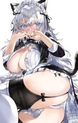 Rule 34 | 1girl, animal ears, apron, ass, black ribbon, black thighhighs, blue eyes, blush, bow, breasts, cat ears, cat tail, cleavage, cleavage cutout, clothing cutout, commentary request, covered mouth, covering own mouth, dress, fake animal ears, feet out of frame, frills, from behind, garter straps, grey hair, hair between eyes, hair ribbon, highres, kou mashiro, large breasts, long hair, long sleeves, looking at viewer, lying, maid, maid apron, maid headdress, mole, mole on breast, original, panties, puffy sleeves, ribbon, scared, shirt, simple background, solo, striped, tail, thighhighs, thighs, underwear, white apron, white background, white panties, white shirt, white thighhighs