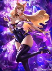 Rule 34 | 1girl, ahri (league of legends), animal ears, artist name, backlighting, bare shoulders, black thighhighs, blonde hair, bracelet, breasts, choker, chunhwei lee, cleavage, corset, covered navel, earrings, fox ears, headset, heart, high heels, highres, jewelry, k/da (league of legends), k/da ahri, league of legends, lips, long hair, looking at viewer, medium breasts, nose, signature, skindentation, solo, standing, standing on one leg, thighhighs, yellow eyes