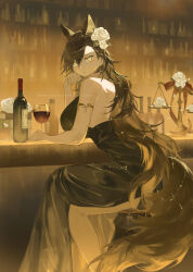 Rule 34 | 1girl, 3pel1, alcohol, alternate costume, animal ears, arknights, artist name, backless dress, backless outfit, bare arms, bare back, bare shoulders, black dress, black hair, bottle, breasts, commentary request, cup, dress, drinking glass, flower, highres, indoors, large breasts, long hair, looking at viewer, penance (arknights), revision, rose, sitting, sleeveless, sleeveless dress, solo, tail, very long hair, watermark, weighing scale, white flower, white rose, wine, wine glass, wolf ears, wolf tail