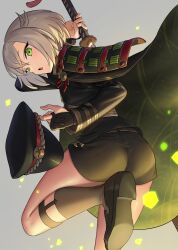Rule 34 | 1girl, :o, armor, ass, bad link, chorefuji, commentary request, from below, green eyes, grey background, grey hair, hair between eyes, hand up, hat, unworn hat, unworn headwear, highres, holding, holding sword, holding weapon, hotarumaru, japanese armor, katana, looking down, open mouth, shoes, short hair, shorts, shoulder armor, socks, solo, sword, touken ranbu, weapon