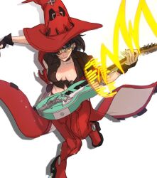 Rule 34 | 1girl, black gloves, black hair, breasts, fingerless gloves, glasses, gloves, guilty gear, guitar, hat, hitsuji kusa, holding, holding guitar, holding instrument, holding plectrum, i-no, instrument, medium breasts, plectrum, purple eyes, red hat, short hair, smile, solo, white background, witch hat